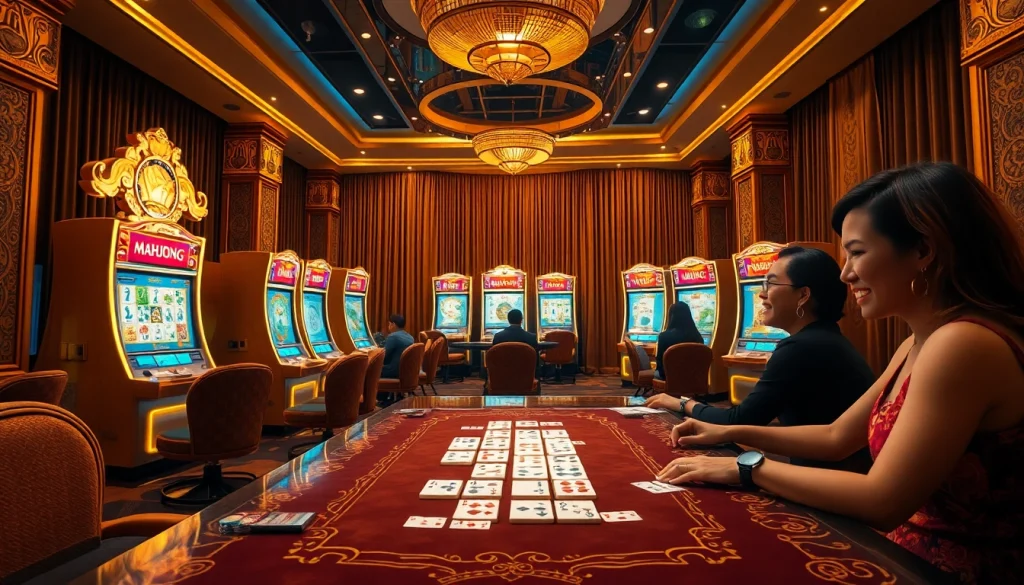 Experience the excitement of mahjong slot demo with players and vibrant casino elements.