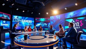 Engaging broadcast studio showcasing latest gaming news with diverse presenters and dynamic displays.