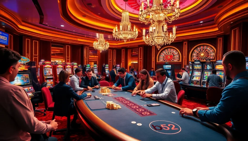 Gamble effectively at a stunning casino, featuring a poker table and vibrant b52 slots.