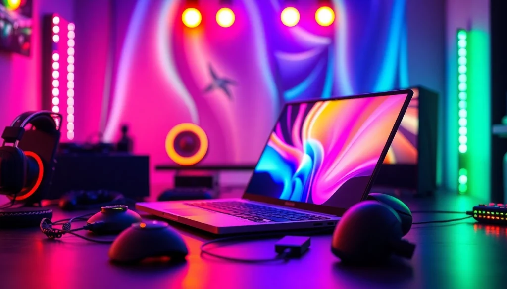 Catch the latest gaming news with an engaging visual of gaming setup and vibrant lights.
