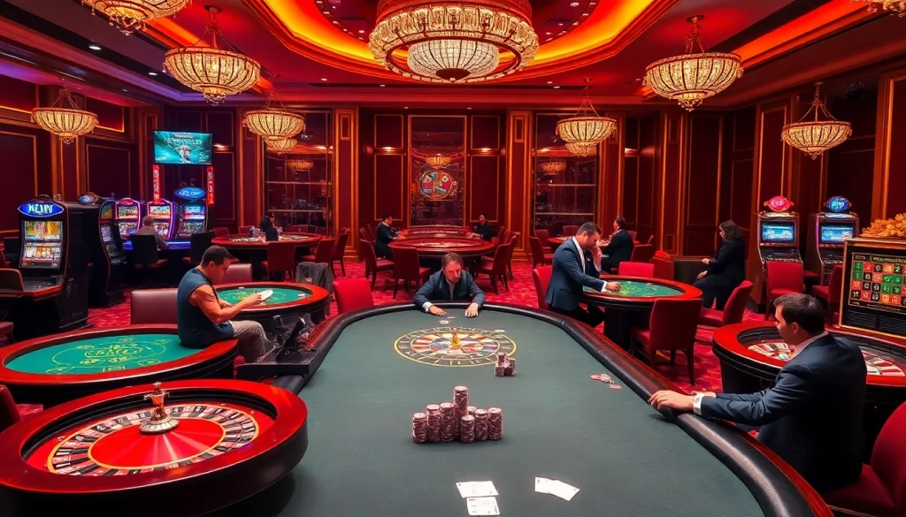 Experience the thrill of gaming with 789bet link mới at a vibrant casino scene featuring poker tables and slot machines.