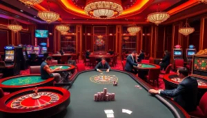 Experience the thrill of gaming with 789bet link mới at a vibrant casino scene featuring poker tables and slot machines.