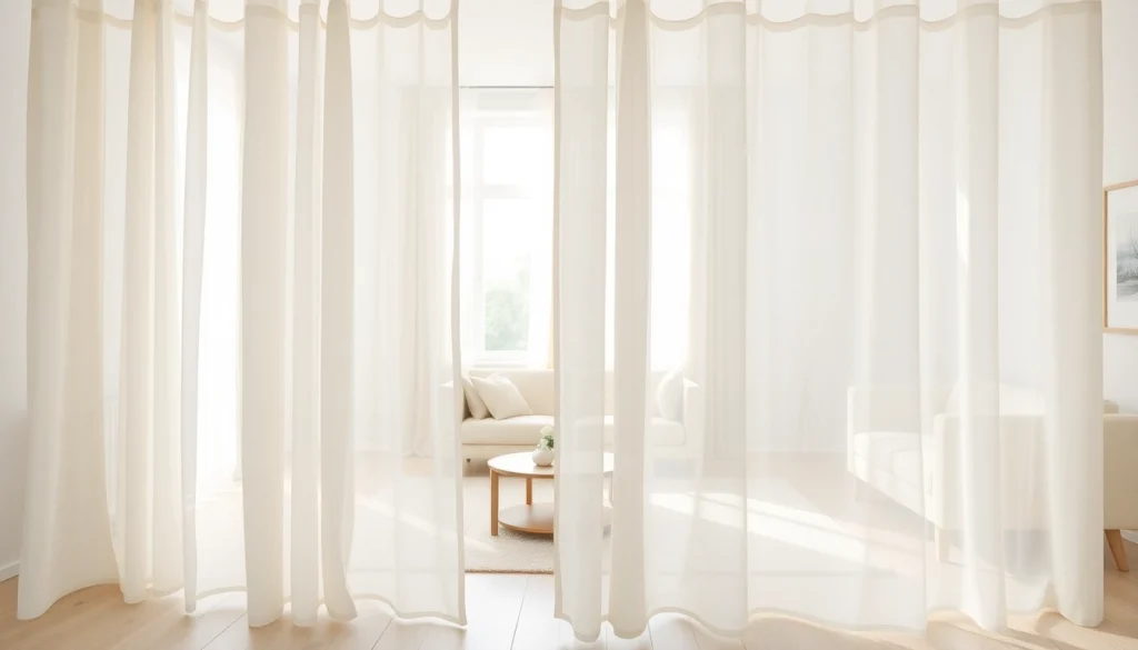 Schitterende voile stof gordijnen die een moderne woonkamer verfraaien met zachte lichten