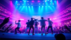 BTS news concert scene featuring the band performing energetically for cheering fans.