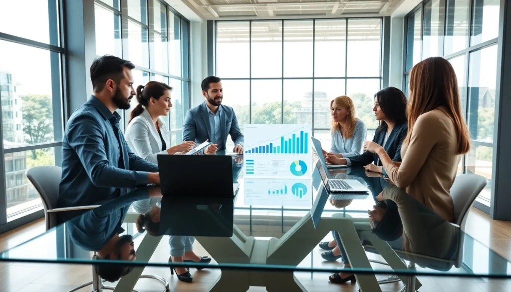 Illustration of business team engaging in growth strategy trends discussion with charts and laptops.