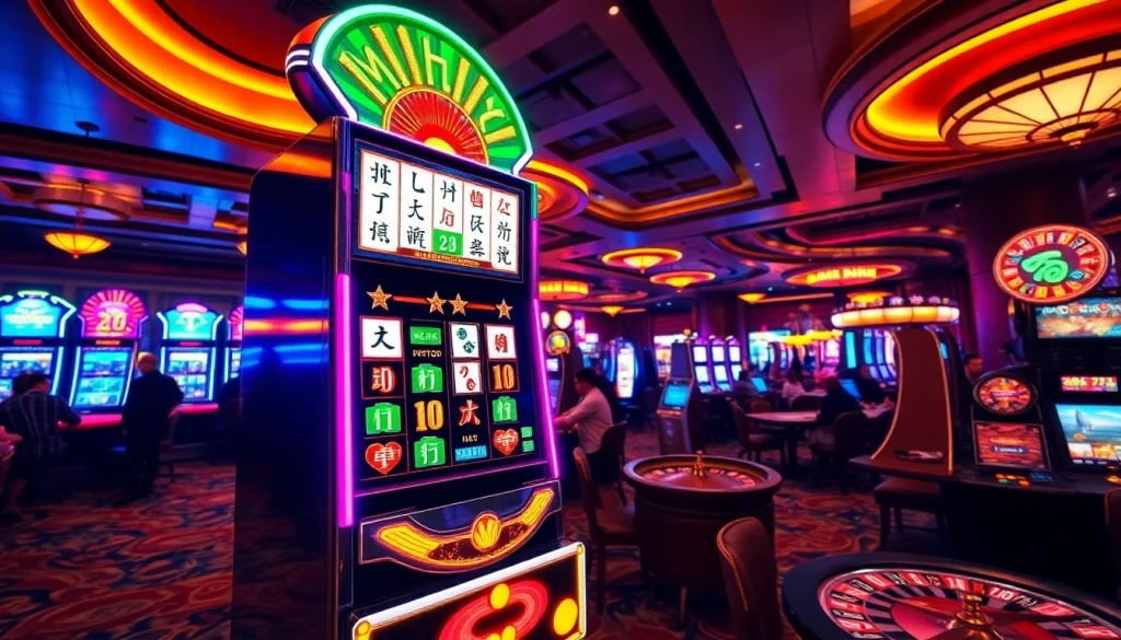 Experience the excitement of the mahjong slot demo with players engaged in mesmerizing casino activities, featuring colorful slot machines and lively gameplay.