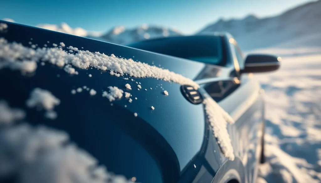 Showcasing winter car protection Chattanooga, a car shines with protective coating in snowy landscape.