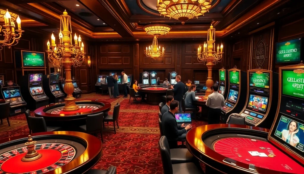 A vibrant casino environment highlighting players and games, encapsulating the essence of https://jun88.buzz/ and engaging in high-stakes gambling.