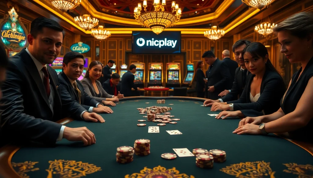 Players enjoying a thrilling onicplay poker game, showcasing vibrant casino elements.