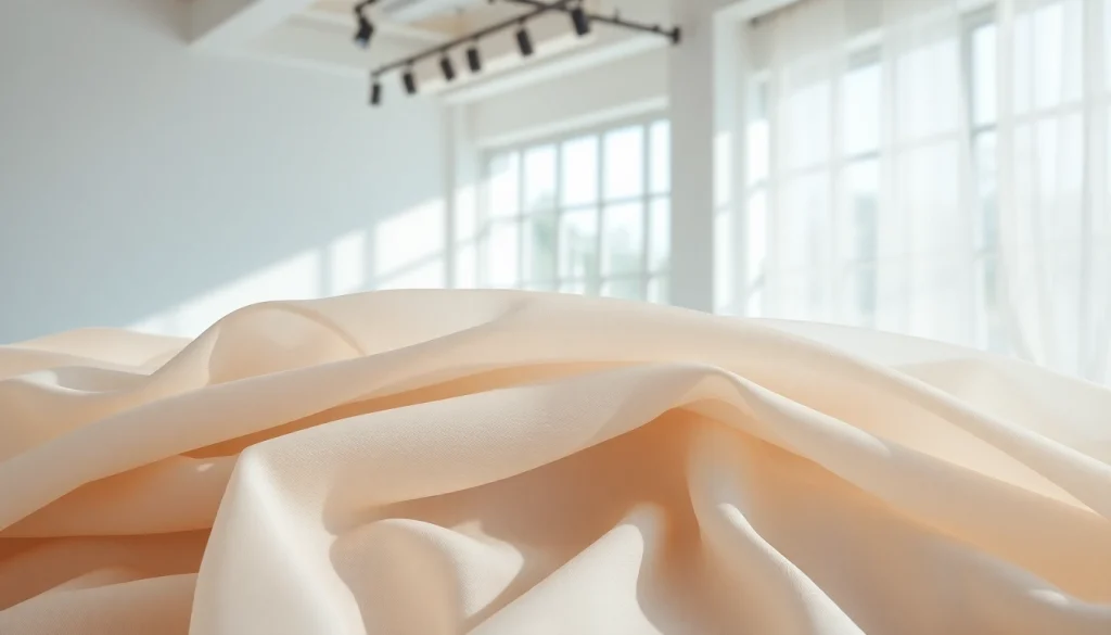 Verken lichte en transparante stoffen in een rustige showroom met elegante draping en zachte verlichting.