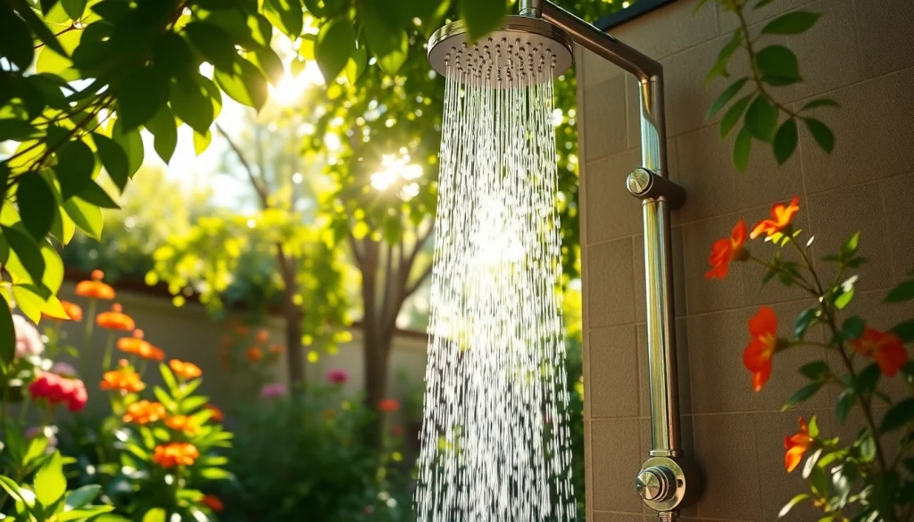 Enhance your outdoor experience with sunny shower USA in a beautiful garden setting.
