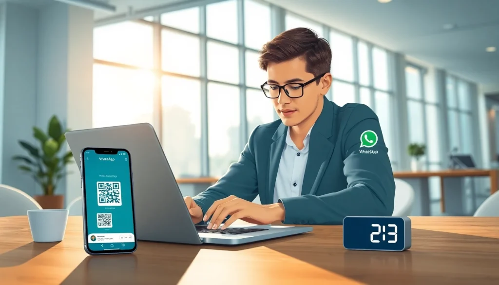 在笔记本电脑上显示的 WhatsApp Web 界面，展示消息和视频通话功能，适用于现代办公环境。