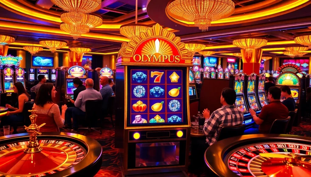 Pemain yang antusias menikmati mesin slot Olympus di tengah cahaya terang kasino.