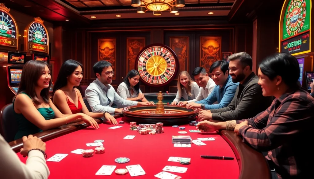 Players enjoying a high-stakes game at nhà cái vua99's vibrant casino table.
