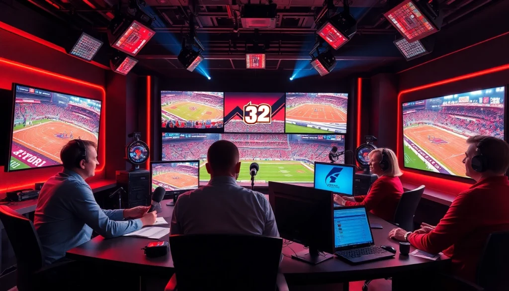 Engaging scene of sports broadcasting hosts dynamically presenting live events.