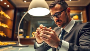 Valutazione di compro oro in un elegante ufficio con gioielli in oro.