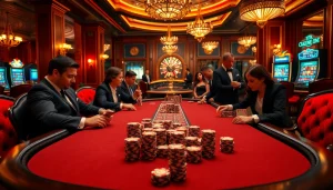Excited players engage in high-stakes poker at a luxurious table in a vibrant casino connected via https://jun886.dev/.