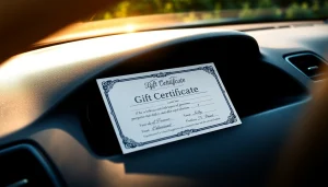 Present a car detailing gift certificate elegantly placed on a car dashboard with lush background.