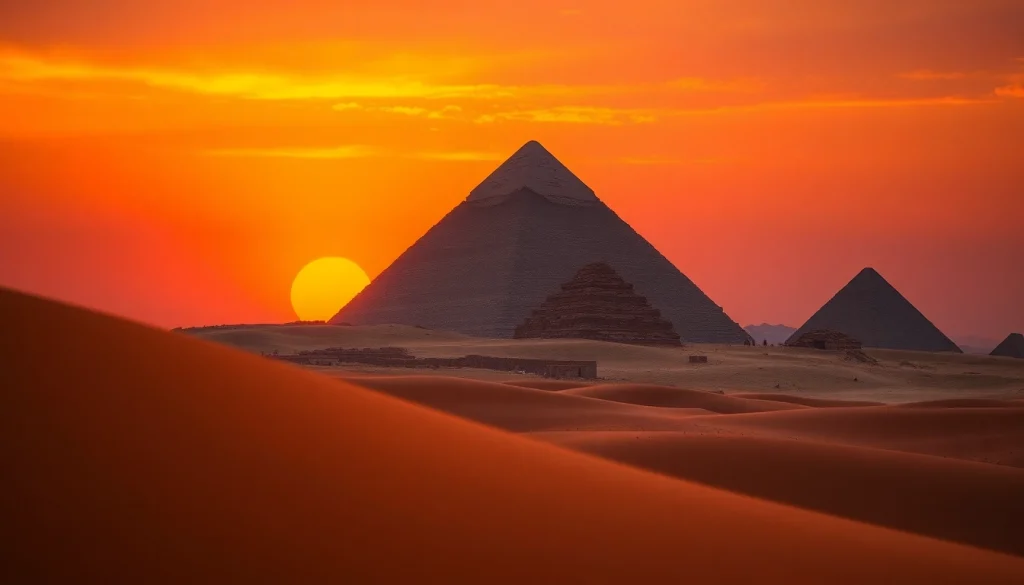 A close-up view of the Giza piraminds under a dramatic sunset showcasing their ancient texture and grandeur.