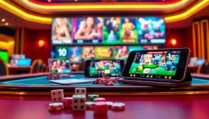 Engaging mobile porn game screens displayed on a luxurious casino table with vibrant lighting.