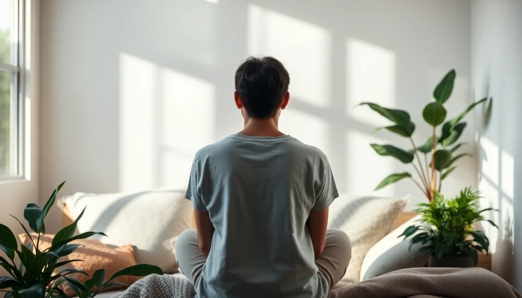 An individual reflecting on their anxiety symptoms in a calming room environment.