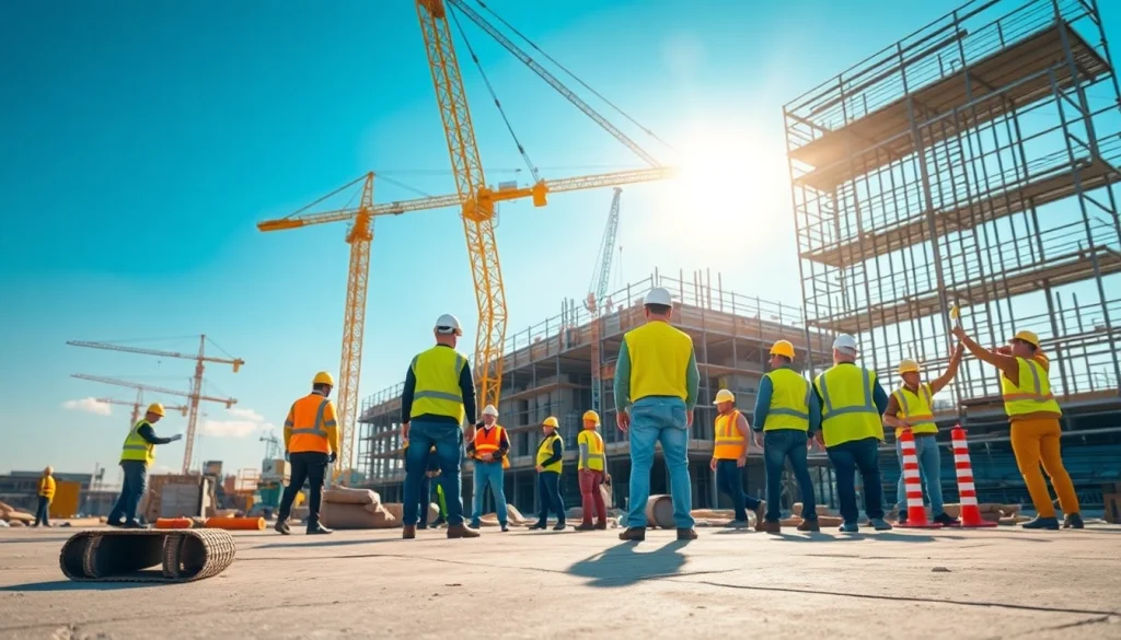 Showcasing construction activities with workers on-site, emphasizing teamwork.
