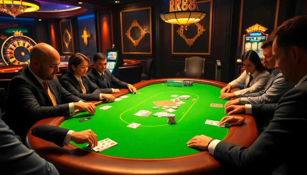 RR88 poker players strategizing at a luxurious casino table.