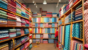 Bekijk kant stof kopen in een kleurrijke stoffenwinkel met diverse patronen.