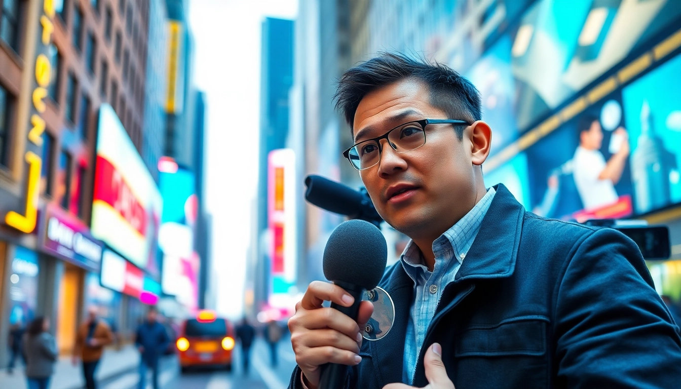 Capture live news reporting with a dynamic journalist, busy urban backdrop.