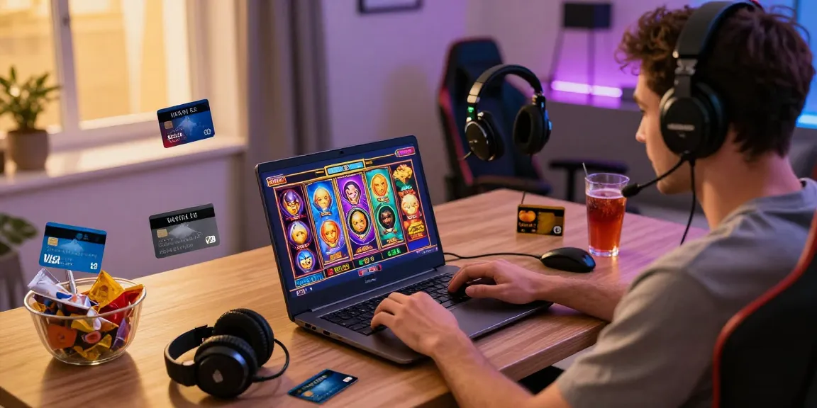 Exciting gaming experience at credit card casinos on https://maic.org.uk with vibrant slot games and a player using credit cards.
