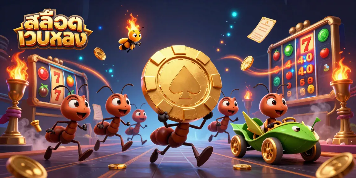 Experience the excitement of สล็อตเว็บตรง with a heist scene featuring ants carrying a giant poker chip.