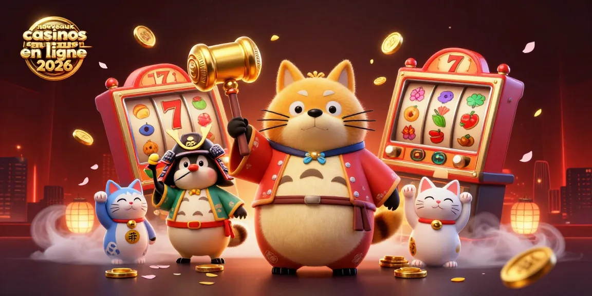 Illustration des nouveaux casinos en ligne 2026 avec un tanuki joyeux et des éléments de jeux de casino.